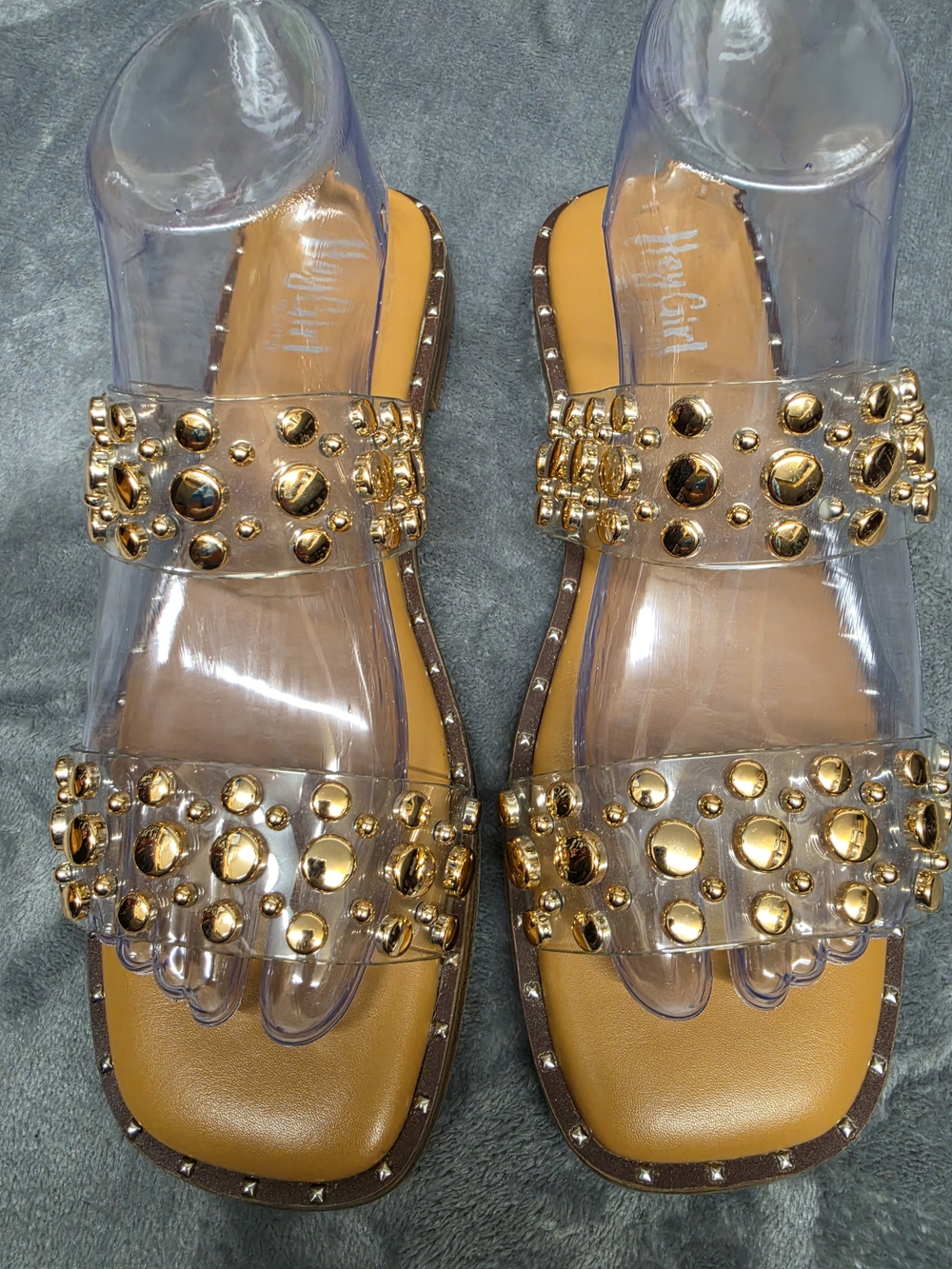 Hey Girl 9 Clear Strap Gold Studded Slide Sandals